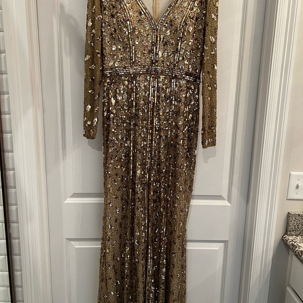 Mac Duggal embellished long sleeve evening gown in antique gold